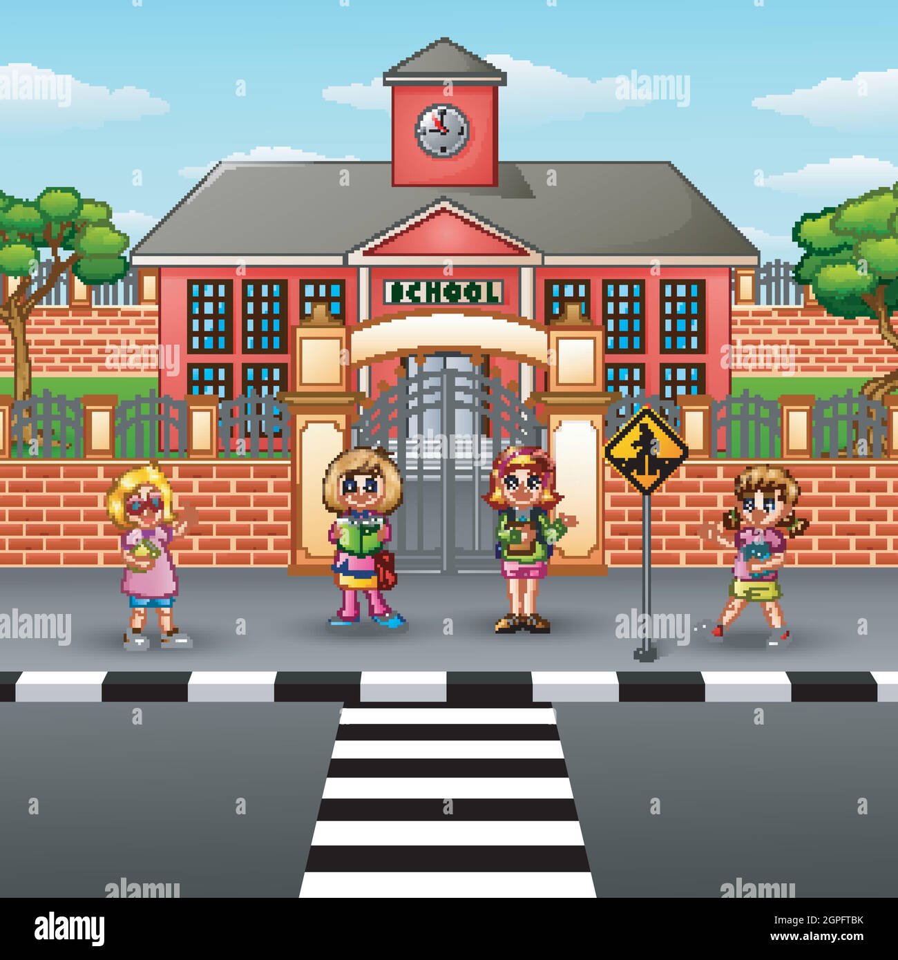 Niños cruzando la calle cerca de escuela